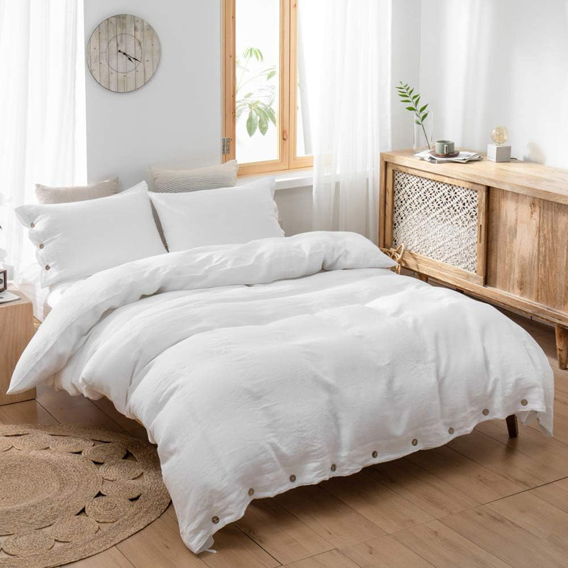 100% Belgian Flax Linen Duvet Cover -1 Duvet Cover , Pillowcases,Breathable Farmhouse Comforter Cover With Coconut Button Closure