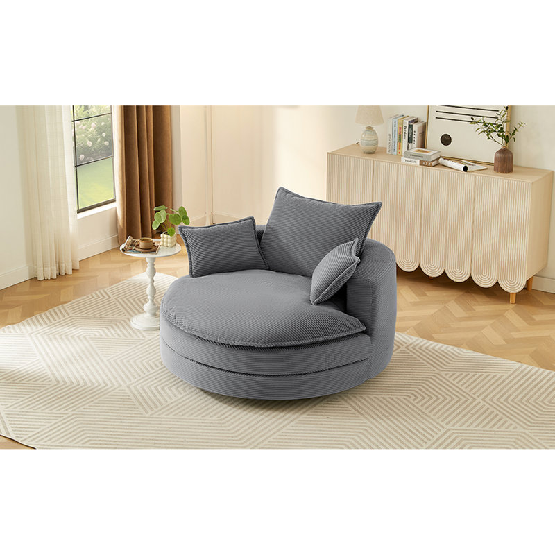 Fauteuil pivotant à 360° avec coussin double couche, 3 coussins de soutien, revêtement en velours côtelé doux et dimensions de 146 cm (57,5 pouces), fauteuil de salon pivotant gris avec coussins amovibles et revêtement élégant en velours côtelé, 146 cm (57,5 pouces), pour le bureau