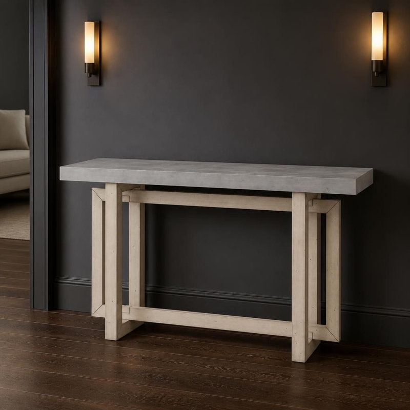 Très grande console d'entrée très longue peinte avec placage de pin, conception rectangulaire unique, pieds en bois de pin épais, table d'appoint polyvalente