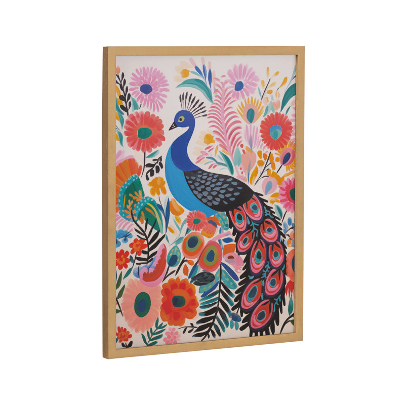 Art moderne paon vibrant moderne, Cadre doré, H 12,65 po x l 16,65 po
