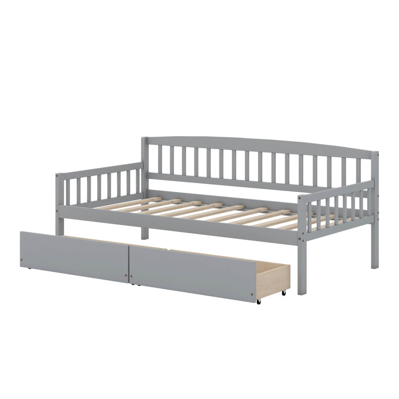 Lit de jour Awez en bois de pin simple avec deux tiroirs de rangement, gris