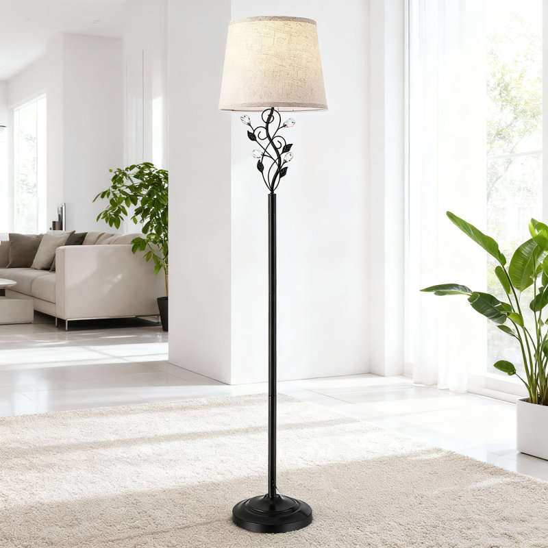 65-Inch Farmhouse Floor Lamp With 3-Way Led Bulb, Rustic Leaf Design And Linen Shade, Standing Lamp For Living Room, Bedroom, Office