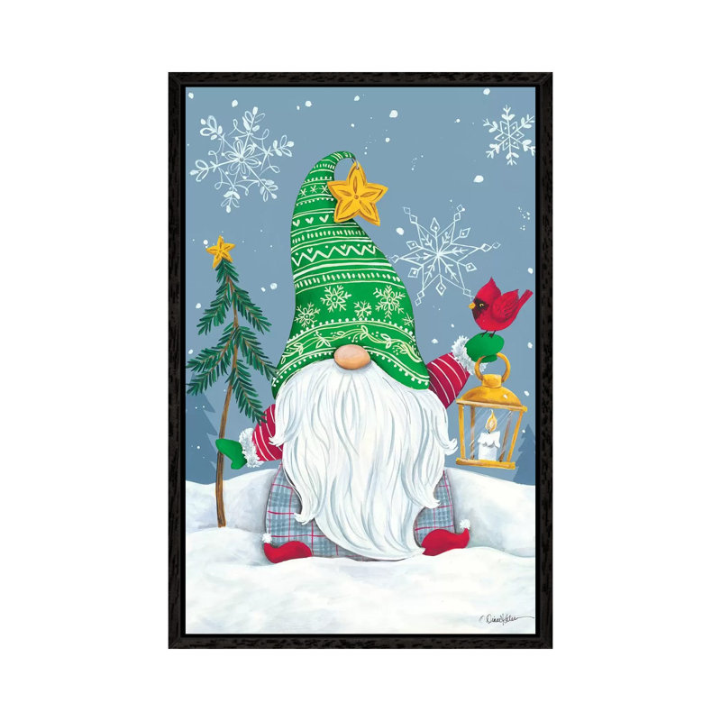 Snowy Gnome With Lantern by Diane Kater - Print on Canvas, Black Framed, 66.04 cm H x 45.72 cm W