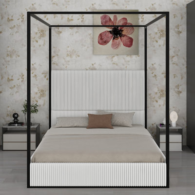 Luxury Metal Canopy Bed Featuring Tall Corduroy Headboard and Four Poster Design