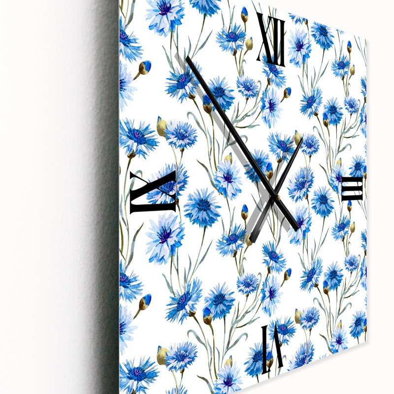 Bleu bleuet avec feuilles vertes II - Horloge murale traditionnelle, Moyen