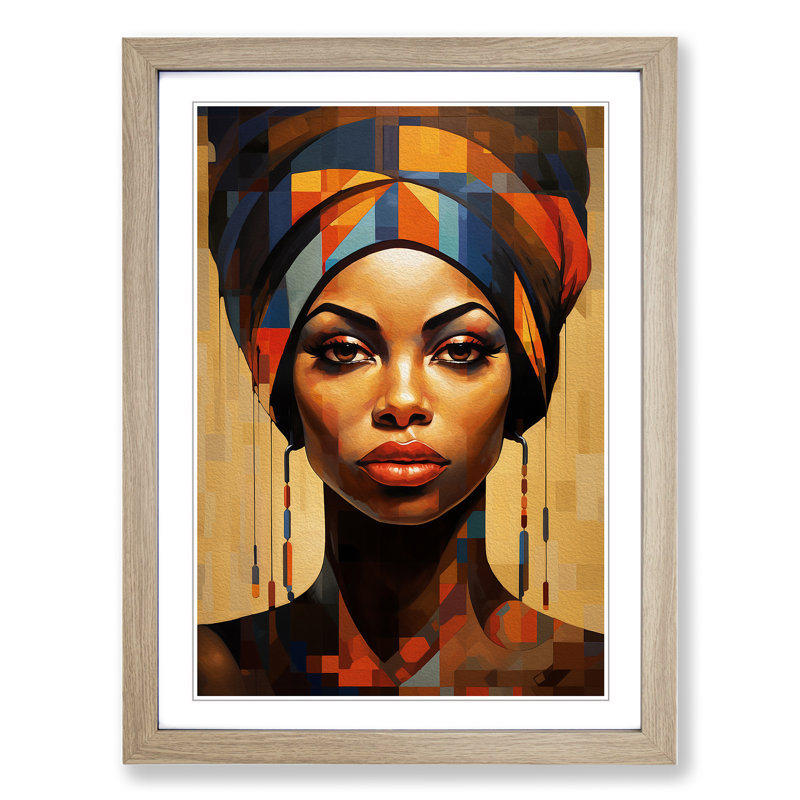 African Woman Geometric Framed Print, 34cm H x 25cm W x 2cm D, Oak 