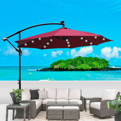 Parasol de patio extérieur à énergie solaire à DEL 8 lumières avec manivelle et base croisée pour terrasse de jardin à l'arrière