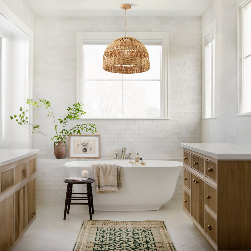 Luminaire suspendu en rotin Radiant - dôme naturel 1 lumière poli tissé à la main pour îlot de cuisine, cuisine, salle à manger, salon, chambre à coucher ou couloir dans un style moderne, campagnard et bohème