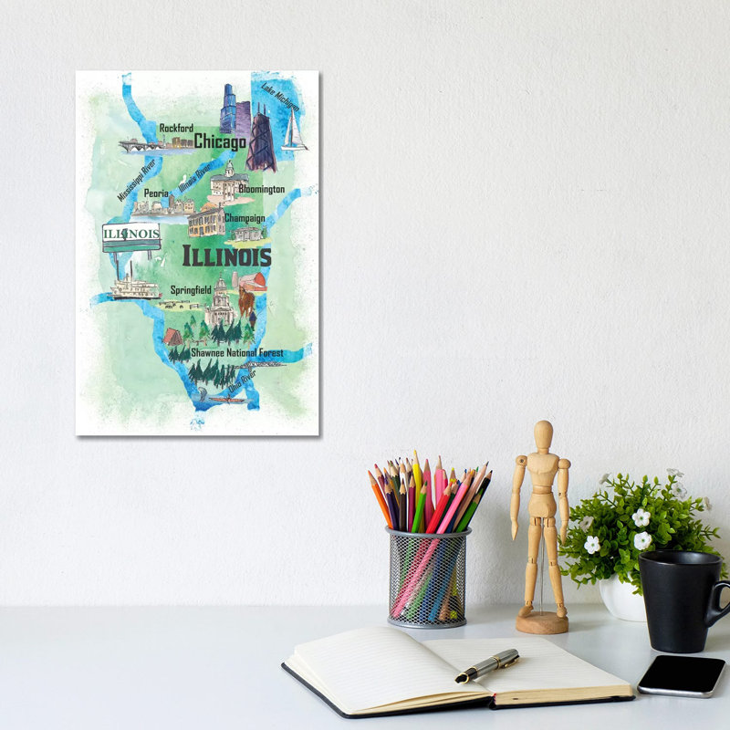 USA, Illinois Illustrated Travel 1 Piece Wrapped Canvas Wall Art, 20.32 cm H x 30.48 cm W