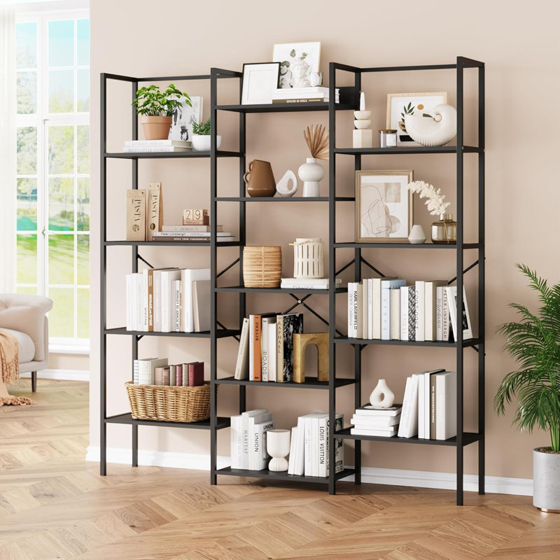 Triple Column Bookshelf, Rustic Industrial Bookshelf With Frame, Black, (5 Shelves) 67.5" H x 63.4" W x 11" D
