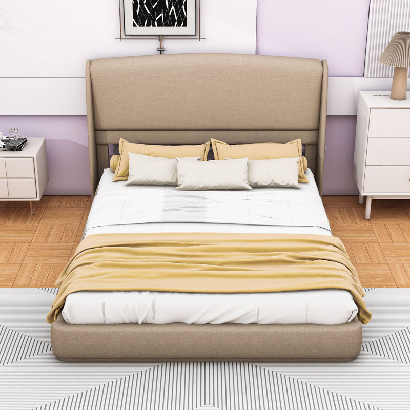 Grand lit plateforme tapissier avec tête de lit, Brun
