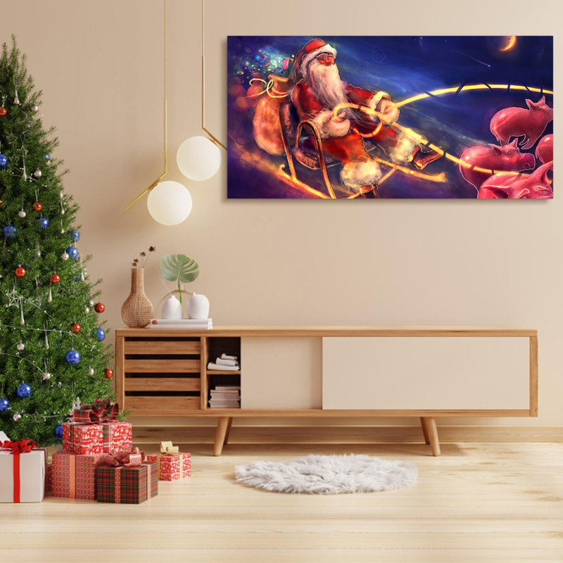 Père Noël avec cochon traîneau, reproduction sur toile, H 20 po x l 40 po x P 1,5 po