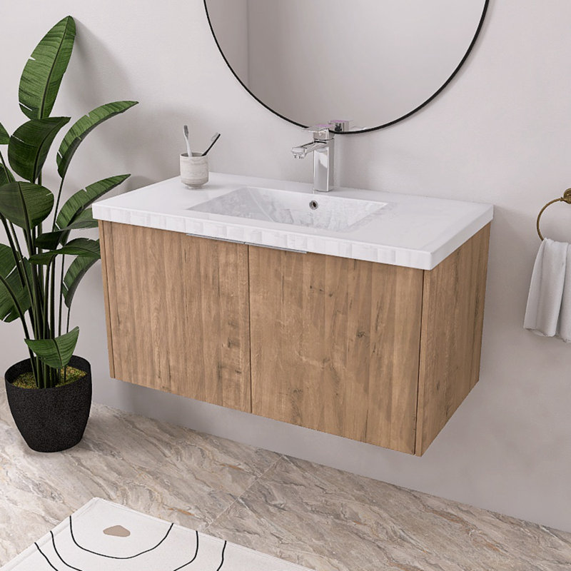 Meuble-lavabo simple avec plateau en résine Walthourville, Chêne