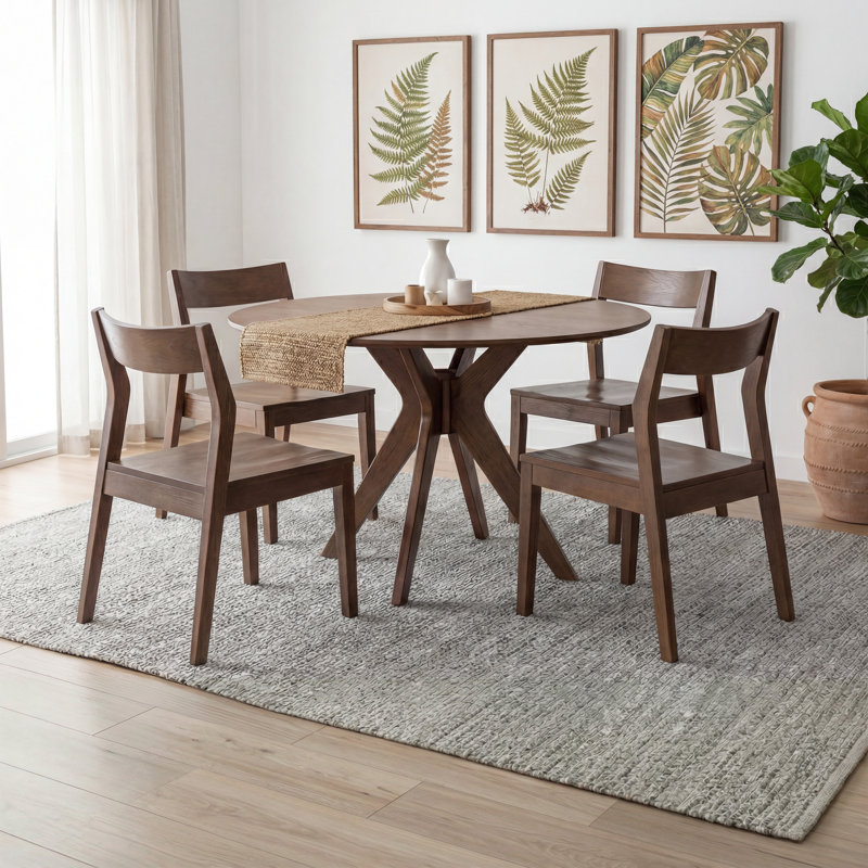 5-Piece Solid Wood Dining Room Set, A Kitchen Table with Round Top & Sculpted Splayed Legs, 4 Wooden Dinner Chairs, Angular Back, Chestnut Brown Finish
