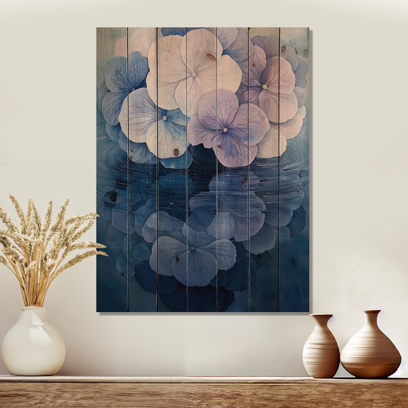 Hydrangea Ripple Effect - Hydrangea Wood Wall Art - On Natural Pine Wood, 20" H x 10" W x 0.78" D