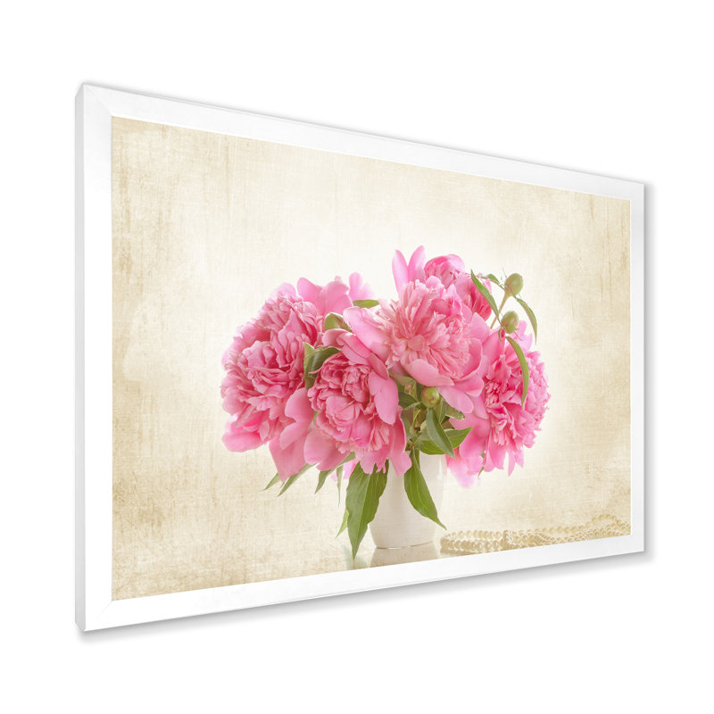 Rose pivoines Bouqet - Art mural sur toile traditionnel, H 32 po x l 16 po x P 1,5 po, Cadre photo blanc