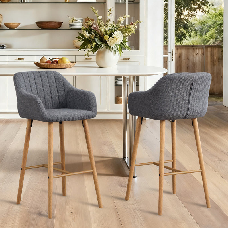 29.5'' Linen Upholstered Bar Stool with Wooden Legs, Gray
