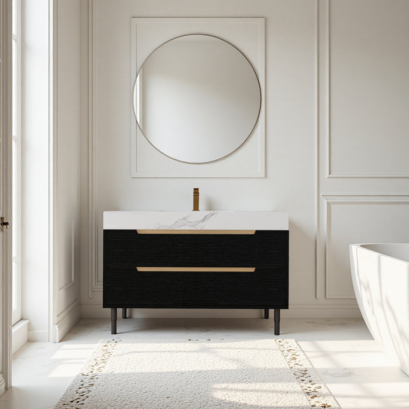 Meuble-lavabo moderne de 35,4 po avec lavabo sous comptoir, plateau en pierre frittée, bois massif multicouche imperméable, rangement à 4 tiroirs, autoportant / mural