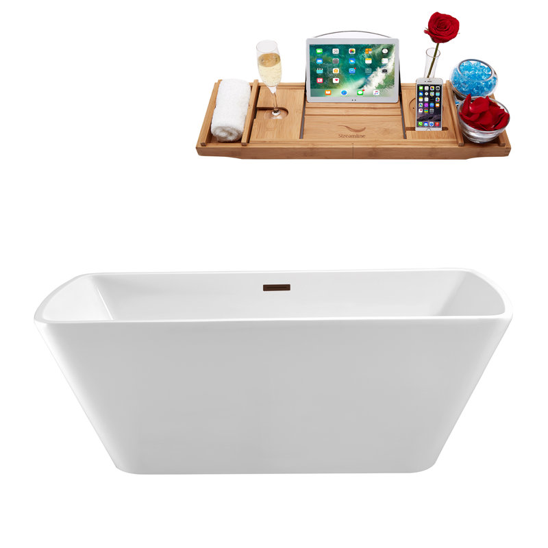 Baignoire de trempage autoportante en acrylique 67 "avec drain et plateau en bambou 67" Streamline, Bronze huilé mat