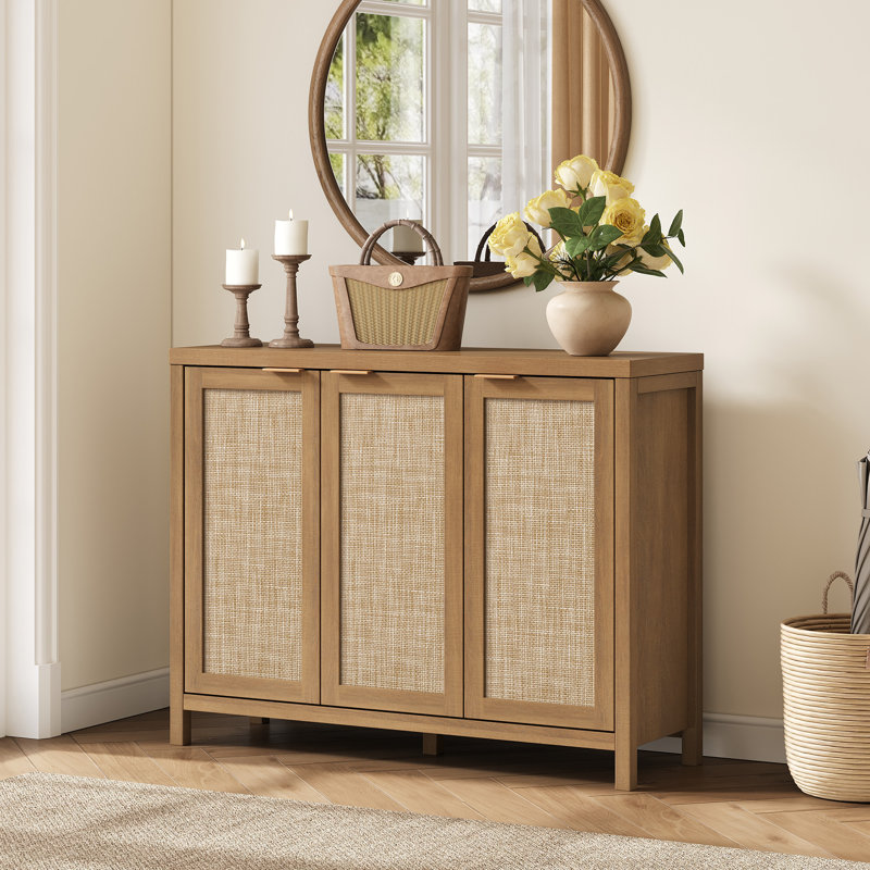 Buffet 43,5 po à 3 portes en rotin avec tablettes réglables, crédence moderne avec armoire de rangement Boho Farmhouse, 1