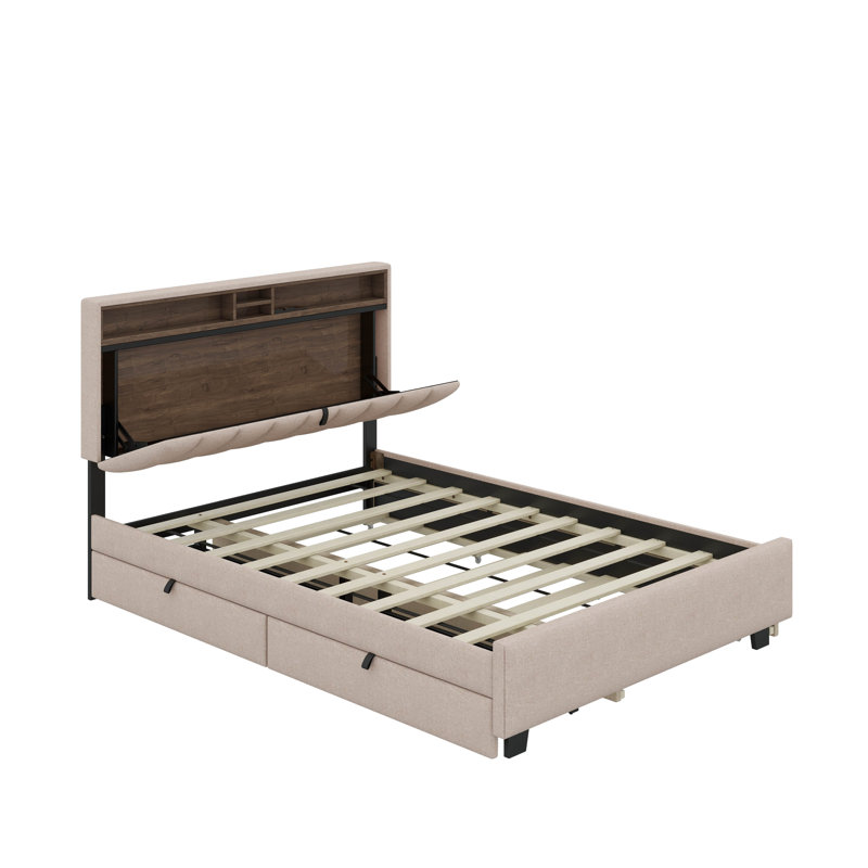 Lit plateforme double avec tête de lit, lit gigogne et 2 tiroirs, Beige