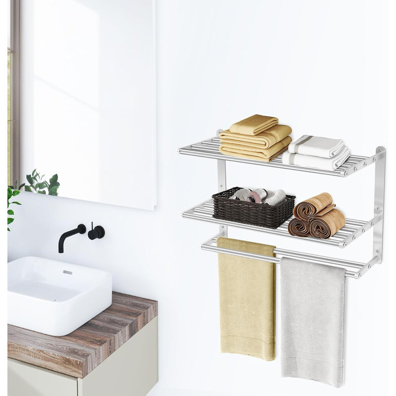Porte-serviettes mural à 3 niveaux avec tablettes - Porte-serviettes en acier inoxydable nickel brossé pour serviettes de bain et linge de maison