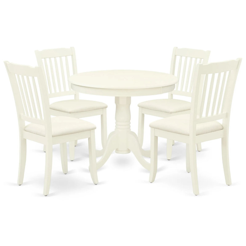 Ensemble de table de salle à manger moderne 5 pièces comprenant une table de cuisine ronde avec piédestal et 4 chaises de cuisine en tissu de polyester, lin blanc