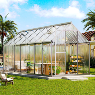 Walk-In Polycarbonate Greenhouse for Outdoors, Heavy-Duty Aluminum Frame with 2 Roof Vents and Swing Door