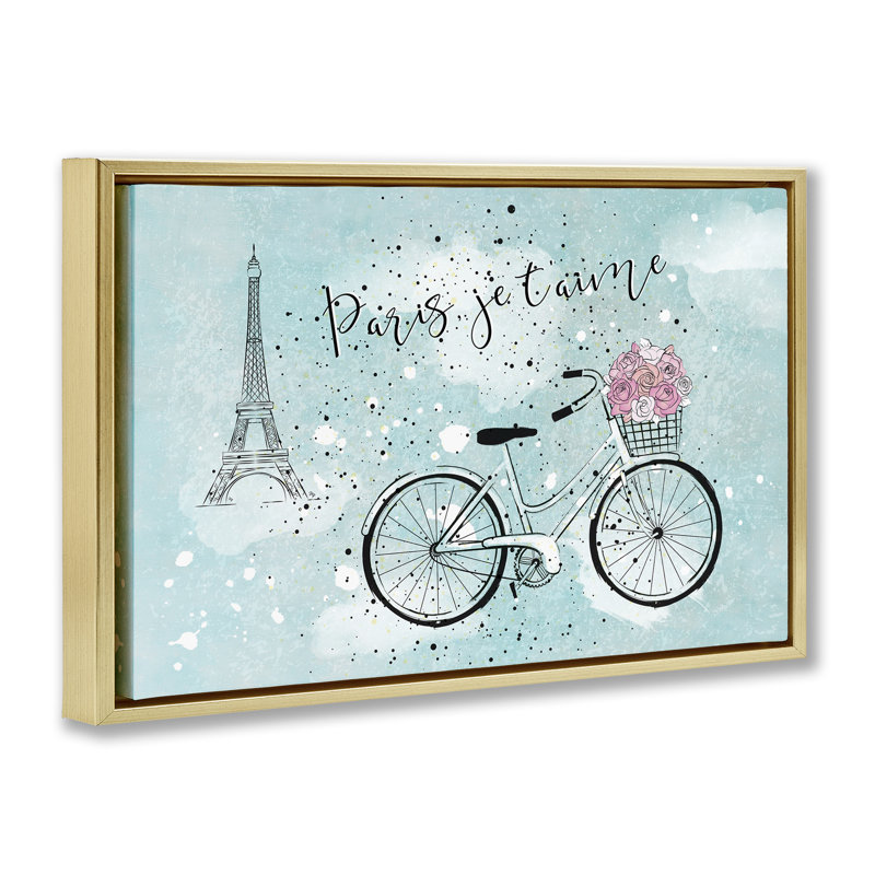 Love Paris Bicycle Black Framed Floater Canvas by Martina Pavlova, Cadre flottant métallique doré, H 21 po x l 31 po