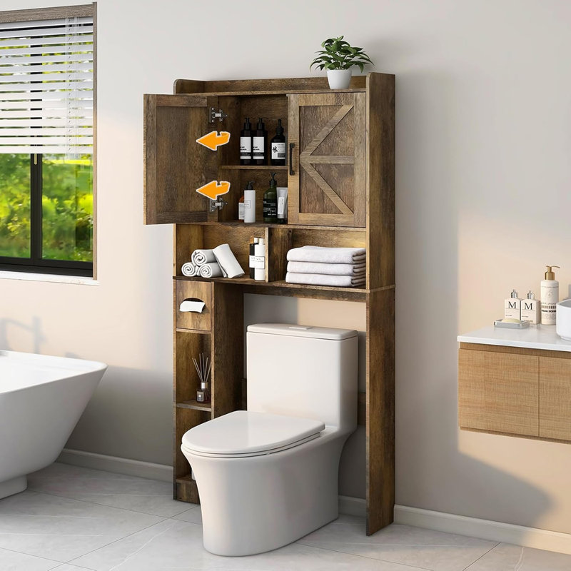 Farmhouse Rattan Storage Cabinet Over Toilet - 2 Door With Toilet Paper Holder - Space-Saving For Bathroom, Rustic Brown