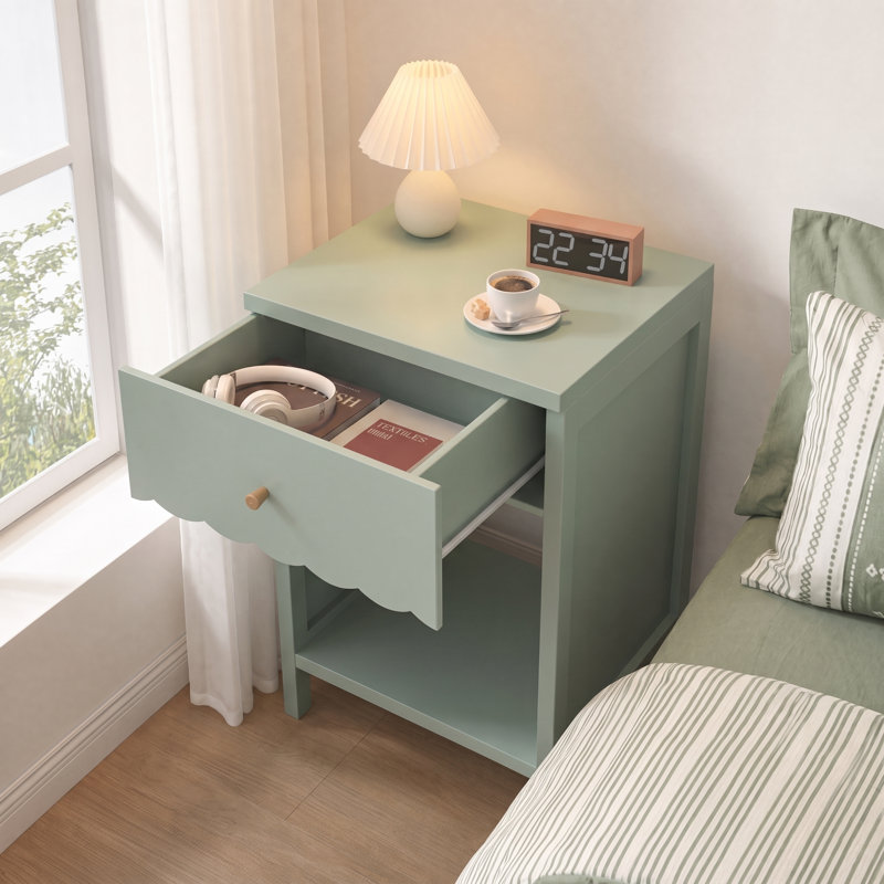 Table de chevet avec tiroir et tablette ouverte, table de chevet moderne à bord festonné, table d'appoint en bois pour chambre, meuble de chevet compact