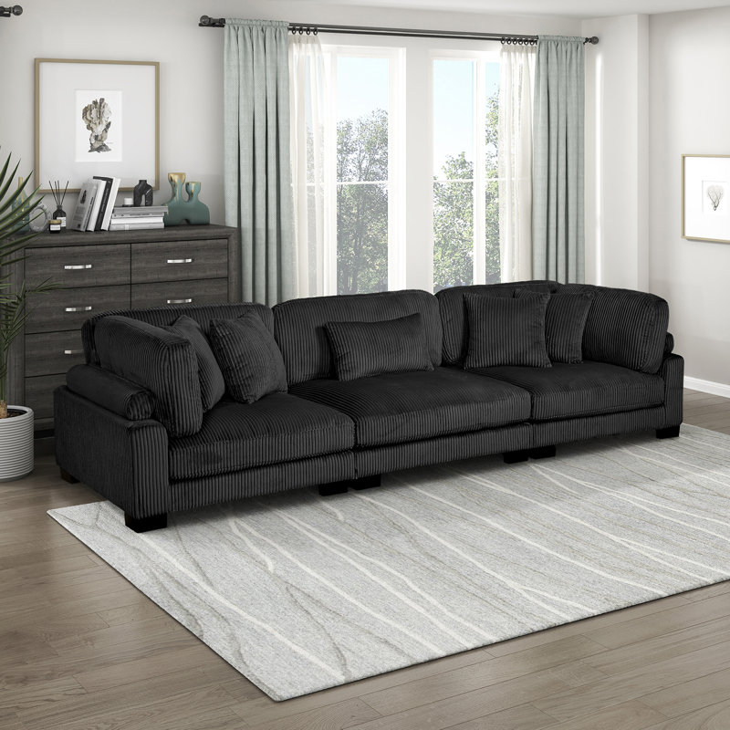 Brinsley 135" Modern Modular Sofa with Corduroy Fabric, Adjustable Backrest, 5 Pillows, Black Corduroy