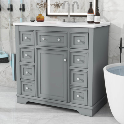 36" Bathroom Vanity Without Sink, Base Only,One Cabinets And Six Drawers