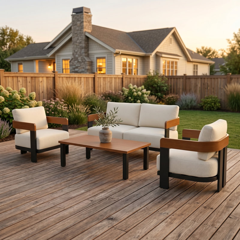 Ensemble de conversation d'extérieur pour 4 personnes avec coussins, 4 pièces: table, 2 chaises, causeuse