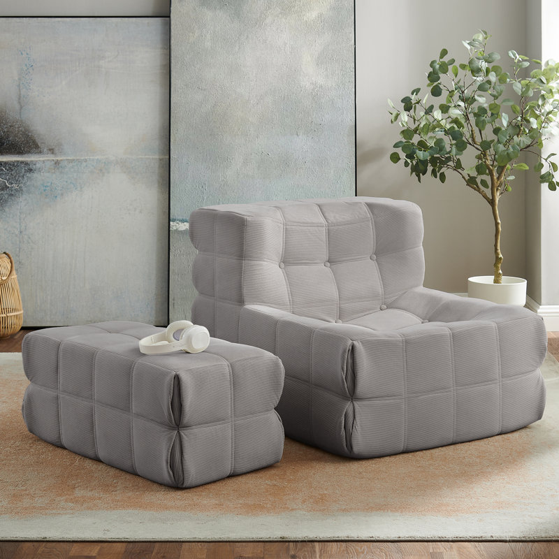 Upholestered Accent Chair With Ottoman, Light Gray