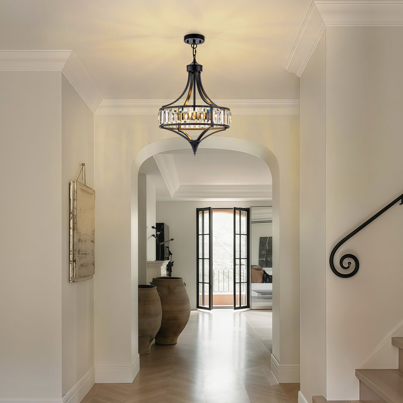 Plafonnier semi-encastré cylindrique en cristal 4 lumières, Noir mat