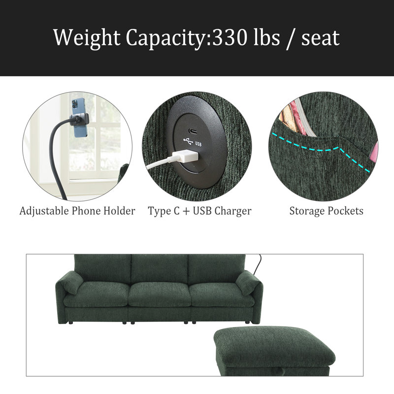 Canapé modulaire en chenille avec repose-pieds et poches de rangement, support de téléphone réglable, siège large, ensemble de canapé en L de 4 sièges, canapé confortable avec chargeur USB pour le salon, appartement