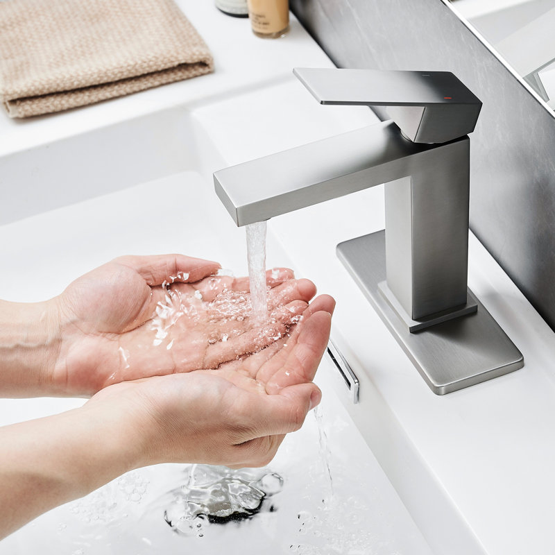 Robinet de salle de bain style cascade, nickel brossé, fixation sur le comptoir, un trou, poignée, bonde escamotable, conduites d'alimentation, côté, débit géométrique de la soupape à cartouche, finition nickel, lignes