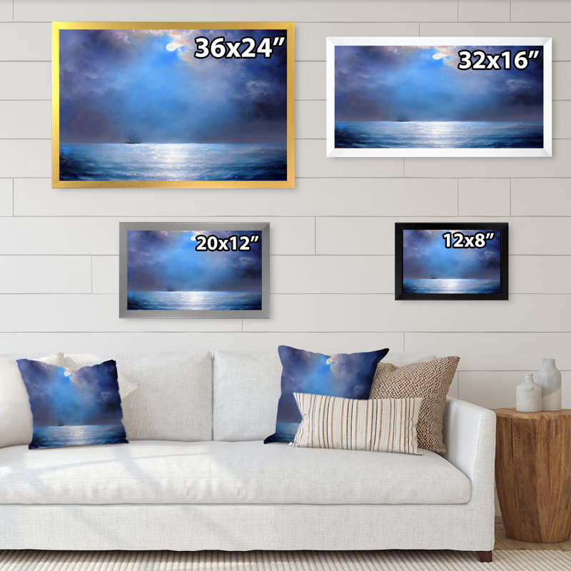Paysage marin au clair de lune la nuit, Impression noire sur toile encadrée, H 8 po x l 12 po x P 0,1 po