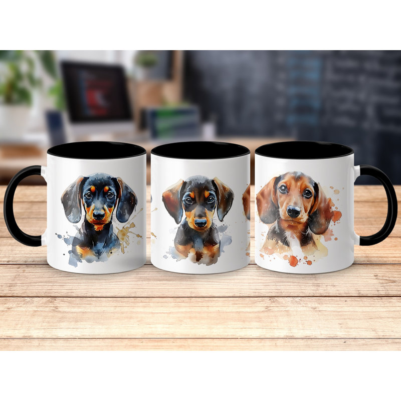 11oz Watercolour Dachshund Dog Design Coffee Mug, Black, 2