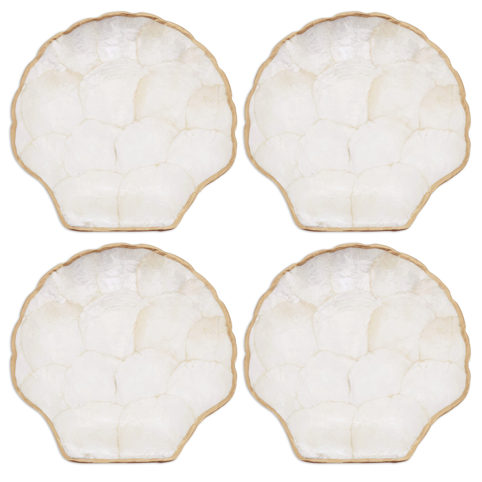 Capiz Shell Scallop Plates (Set of 4) – Coastal Decorative Plates with Gold Trim, 8"