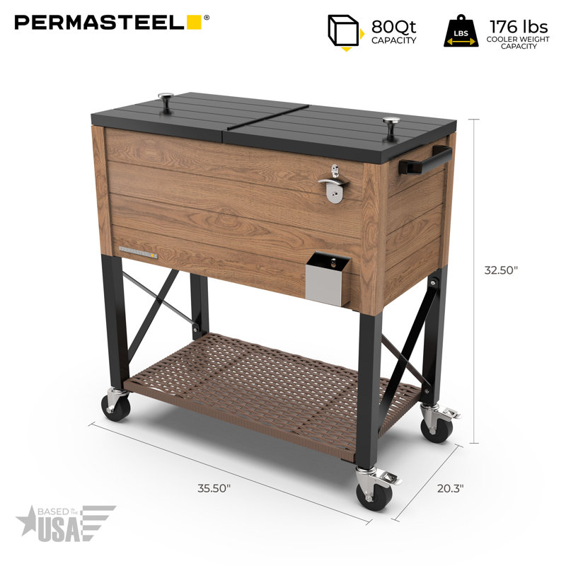 Glacière pour terrasse à roulettes 80 qt Permasteel, Avec cloison, Bois de chêne