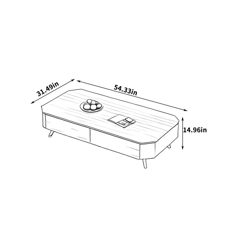 Table basse en bois de frêne avec pieds en acier inoxydable, H 14,96 po x L 54,33 po x l 31,49 po