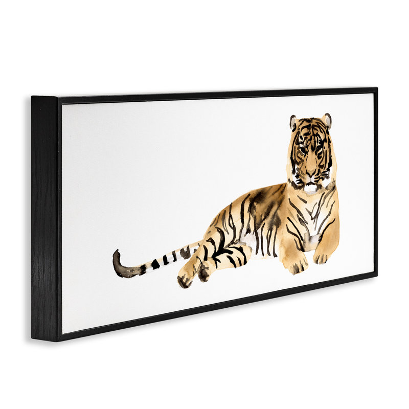 Tigre au repos à l'encre orange, estampe numérique par Victoria Borges, Giclée encadrée noir minuit, H 10 po x l 24 po