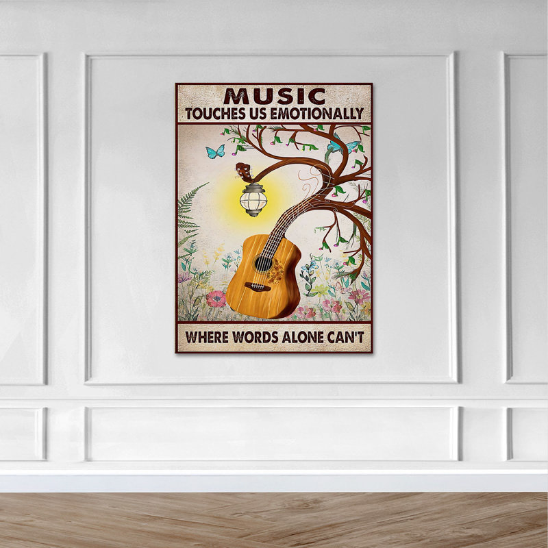 Arbre et fleurs de guitare avec papillons - «Music Touches Us Emotionally», impression sur toile tendue