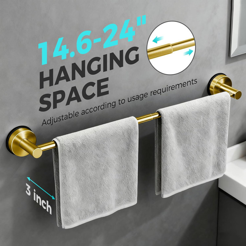 Porte-serviettes de salle de bain à ventouse réglable 14,6 à 24 pouces, porte-serviettes de douche en acier inoxydable, Doré