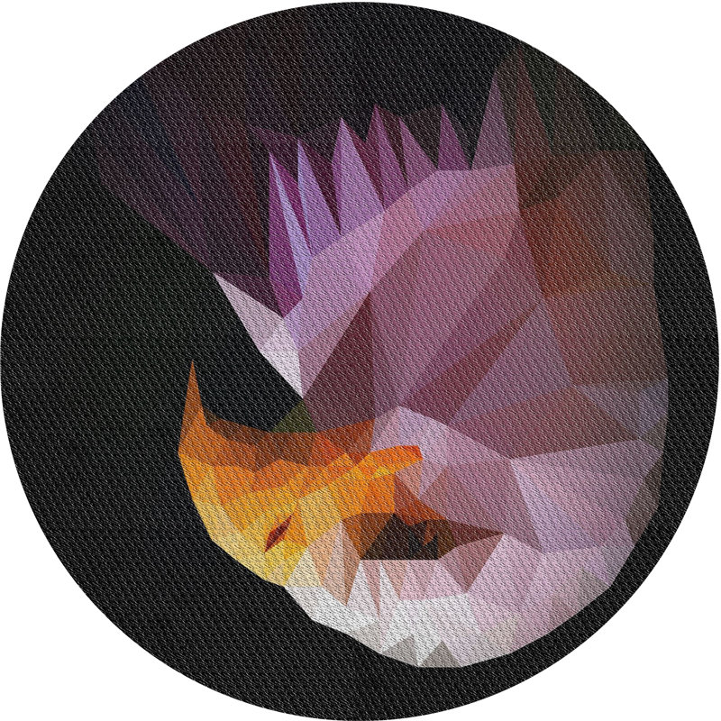 Tapis rose motif/orange/noir zone, Rond 7 pi