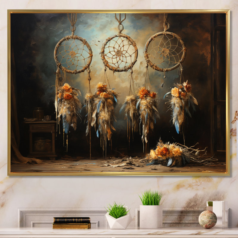 Attrape-rêves beige, attrait rustique I - Dreamcatcher, art mural pour le salon, Cadre flottant doré