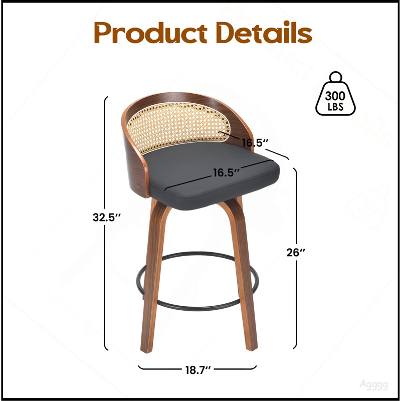 Ensemble de 2 tabourets de bar pivotants, structure en bois moderne avec dossier en rotin, tabouret en cuir de polyuréthane pour comptoir de cuisine, tabourets de bar rembourrés avec repose-pieds de style Mid-Century, tabourets de comptoir industriels
