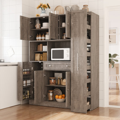 Buffet autoportant avec huche, grande armoire de rangement pour garde-manger avec armoire latérale coulissante, tablettes de porte et tiroir